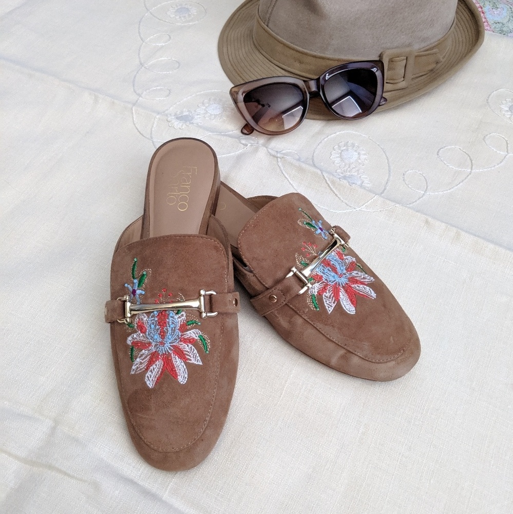 Suede Mules with Embroidered Beaded Floral Design